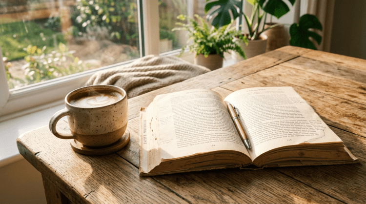 Open book with pen beside a cup of coffee on a wooden table by a bright window
